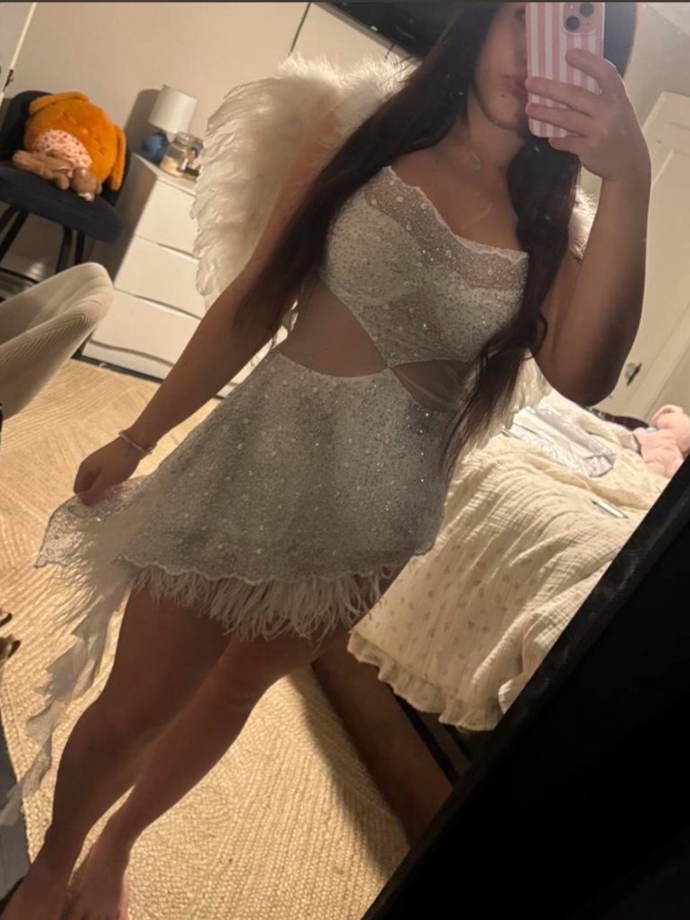 Vintage PLAYBOY Silver Sequin Feather Trim Mini Dress